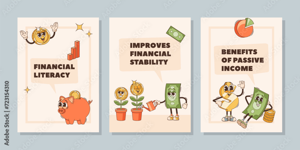 Vector Banners Showcase Retro Cartoon Groovy Money Characters, Exuding Funky Charm And Nostalgic Vibes