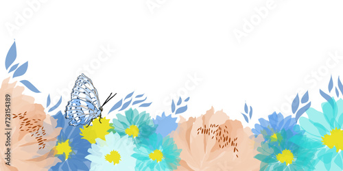 Delicato sfondo floreale con fiori in trasparenza e farfalla photo
