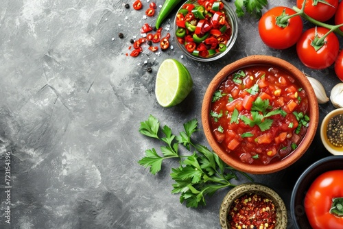 Mexican tomato salsa traditional sauce with ingredients on a gray background