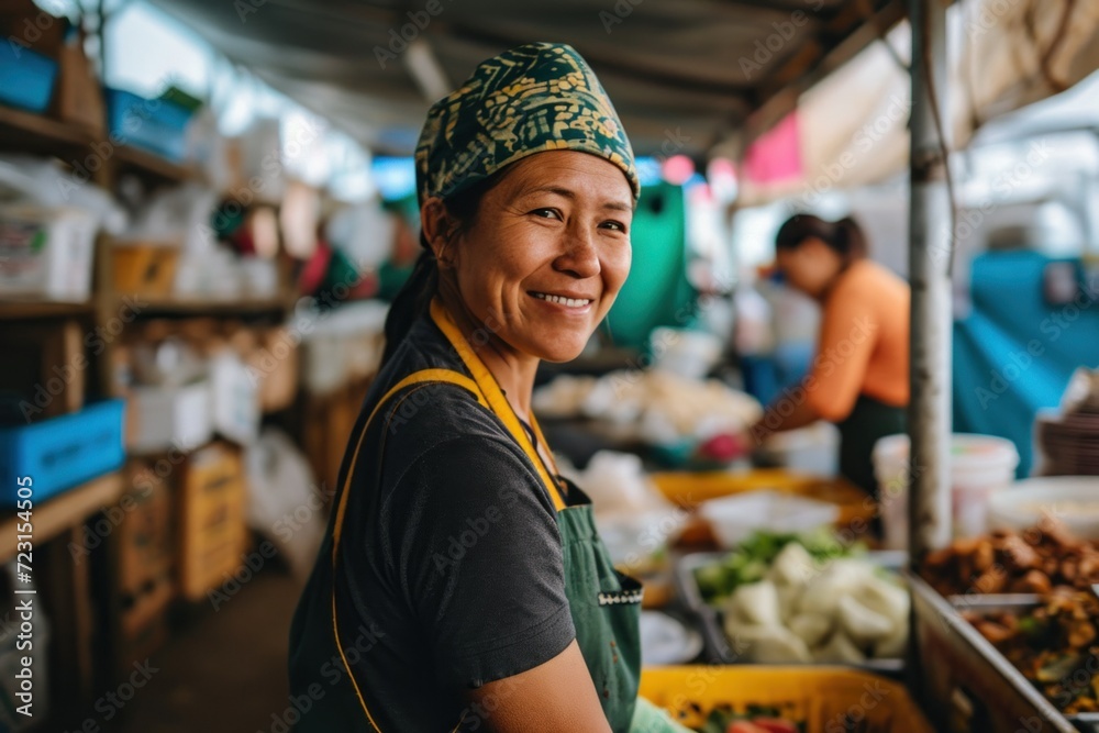 Portrait of a smiling young woman at a street food market. Portrait of a smiling young woman at a street food market.