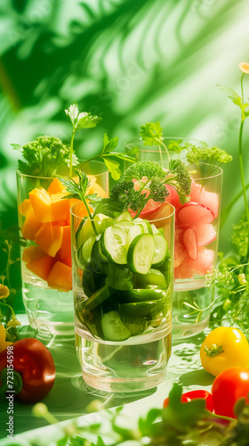 A colorful vegetable salad in glass cups against green blurred background. The salad is made up of diced vegetables and garnished with fresh herbs. Fresh, organic feel.