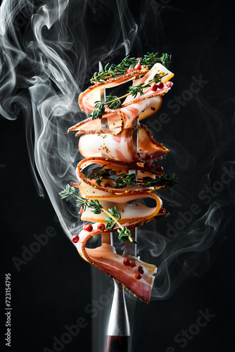 Slices of smoked bacon on a metal fork. On a black background, close-up. photo