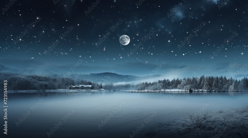 Naklejka premium View of frozen lake during snowy winter at night. Landscape background wallpaper.