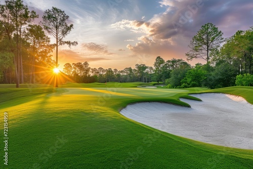 Sunset golf course with stunning sky sand trap and scenic pines field