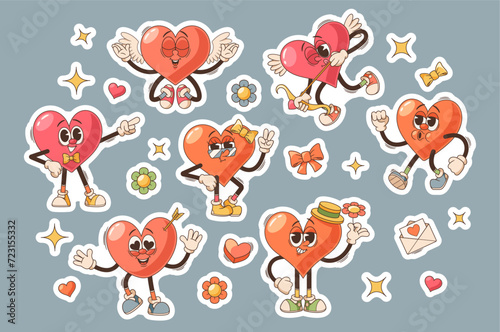 Set of Stickers with Retro Cartoon Groovy Heart Characters Exude Love And Positivity. Valentine Day Personages
