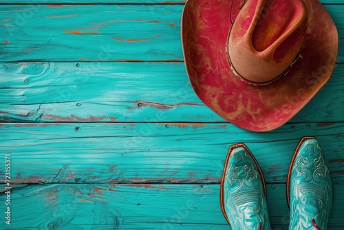 Cowboy boots and hat in teal and burnt red set against a teal wooden backdrop with space for writing photo