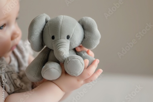 macro photo of a tiny small child's hand holding and embracing a soft stuffed animal elephant. cute baby toddler image