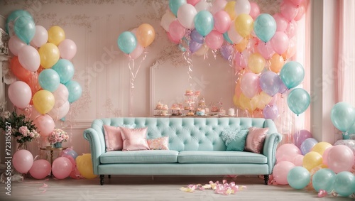 pastel interior space featuring a sofa and pastel balloons for a birthday celebration