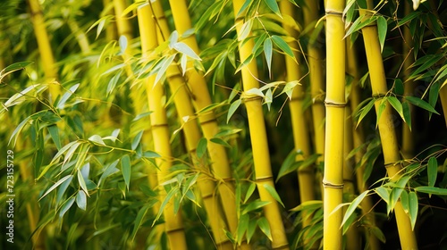 Yellow bamboo plant in tropical rainforest of Asia, with green leaves growing abundantly. Nature oriental background wallpaper.