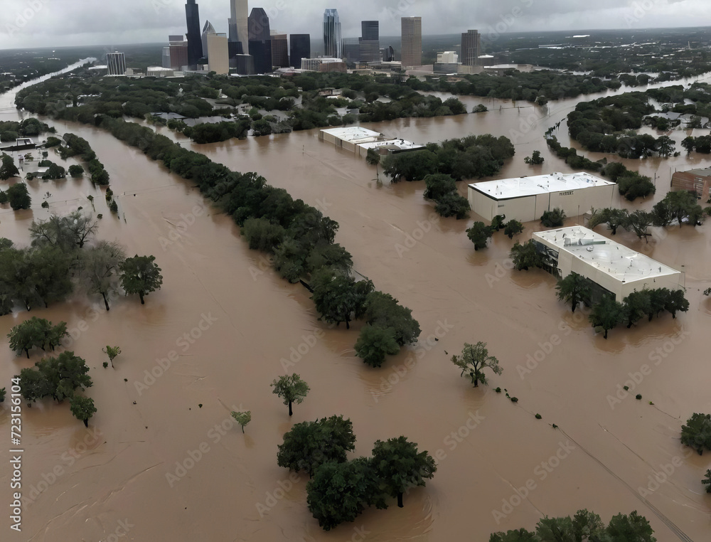 Urban Flood Disaster - Downtown Austin submerged in a massive flood