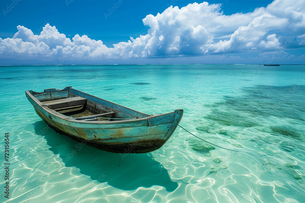 Coastal atmosphere of Thailand There is a small boat. Located on the surface of the beautiful turquoise sea.