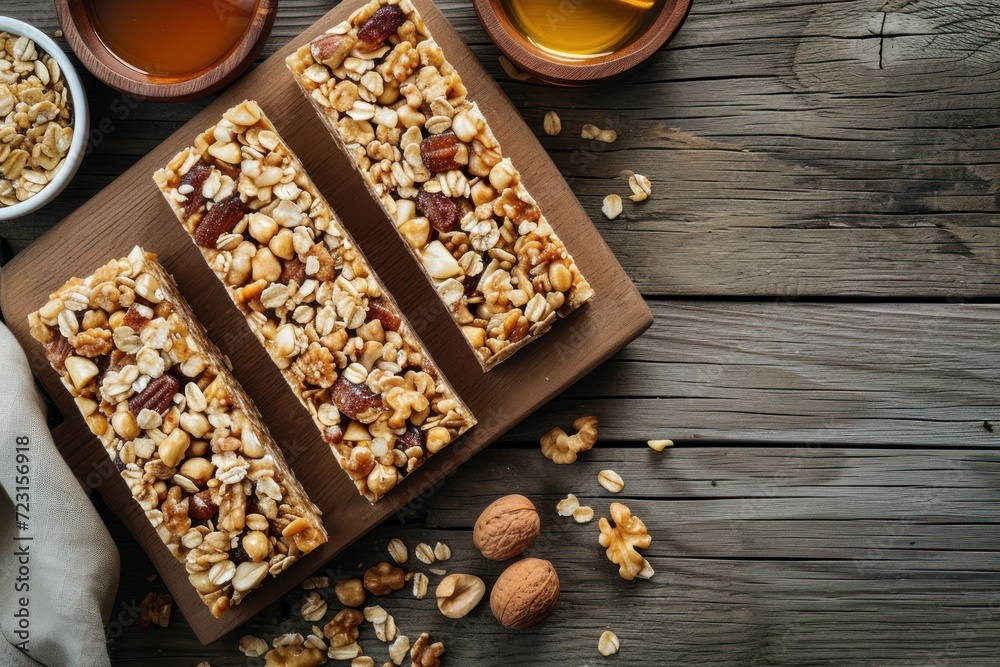 Healthy dessert snack muesli bar with nuts and honey on wooden table Healthy dessert snack muesli bar with nuts and honey on wooden table