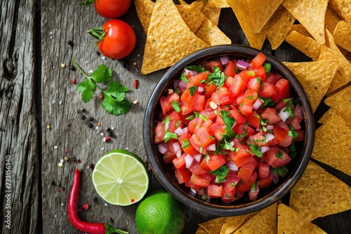 Tex Mex Pico de Gallo salsa with tortilla chips Overhead view of bowl with tomatoes lime cilantro and chili on the table