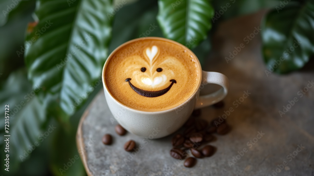 Cup of latte with smiling latte art coffee, hot coffee, Cappuccino art, woodtable background. coffee bean. green leaf. Generated AI Cup of latte with smiling latte art coffee, hot coffee, Cappuccino art, woodtable background. coffee bean. green leaf. Generated AI