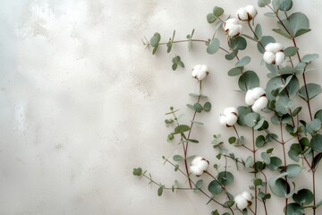 Cotton flowers eucalyptus on gray background Creative floral background with fluffy cotton Flat lay composition greeting card