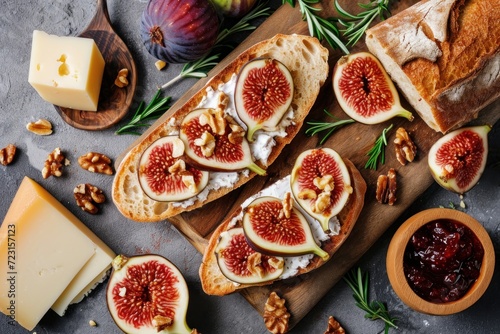 Cheese figs jam and walnuts on a table with fresh bread displayed in a flat lay from a top view