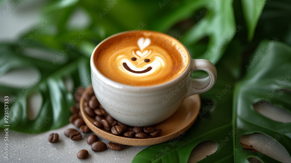 Cup of latte with smiling latte art coffee, hot coffee, Cappuccino art, woodtable background. coffee bean. green leaf. Generated AI Cup of latte with smiling latte art coffee, hot coffee, Cappuccino art, woodtable background. coffee bean. green leaf. Generated AI