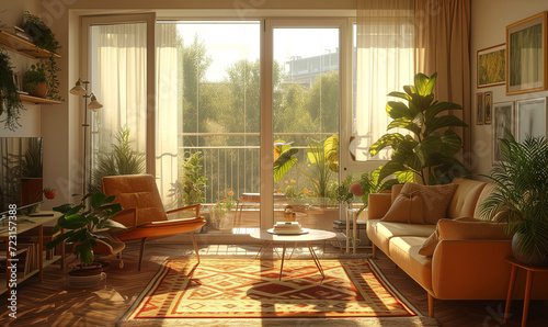 Living room in an apartment with balcony in modern style using 1970s palette. Bright sunny day.