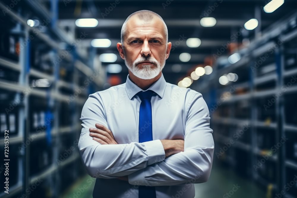 Severe mid aged mature professional business man ceo executive wearing shirt, standing arms crossed looking away thinking of success, leadership, side profile view Severe mid aged mature professional business man ceo executive wearing shirt, standing arms crossed looking away thinking of success, leadership, side profile view