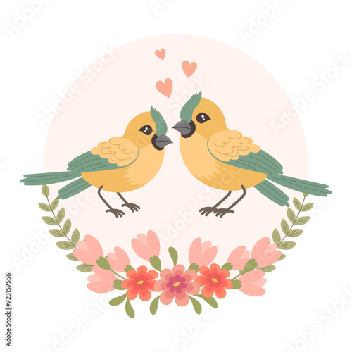 Cute cartoon love birds in a flower frame. Design for greeting card  invitation card for wedding  birthday. Vector