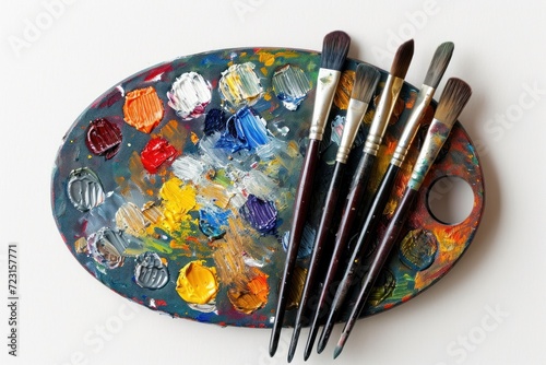 Creative artwork palette with brushes white backdrop