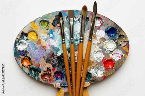 Creative art palette with brushes on white backdrop