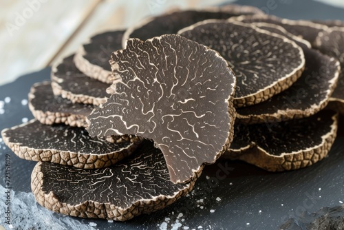 Close up image of freshly sliced black truffle