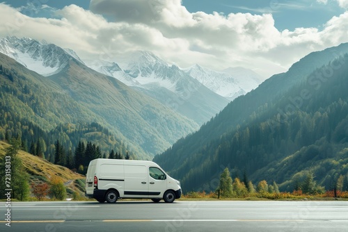 Small white mini van with cargo compartment for local deliveries and small business needs driving on a mountain road with high hills