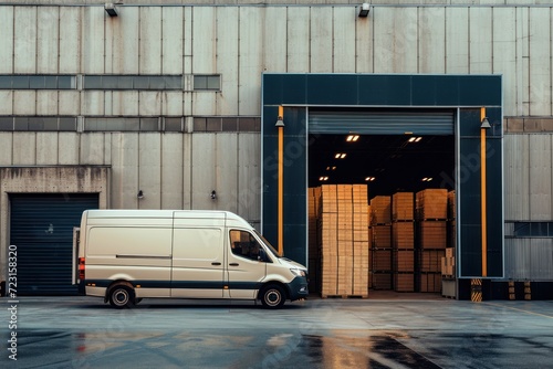 Delivery van loaded with cardboard boxes outside a logistics warehouse with an open door for delivering online orders purchases e commerce goods and wholesale