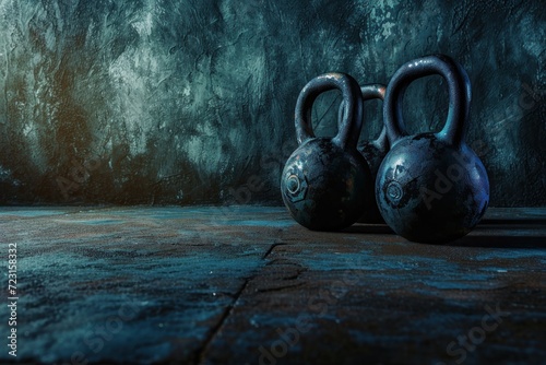 Crossfit gym with kettlebells on dark background