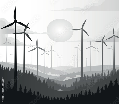 Wind farm in the countryside. Wind turbines. Natural landscape, forest of wind turbines in countryside black and white vector. Renewable energy vector design.
