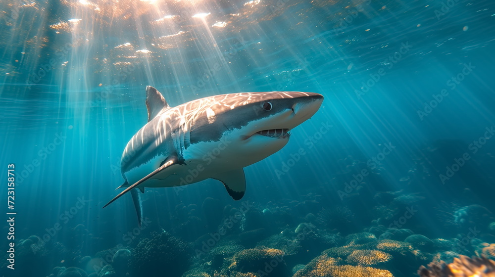 Fototapeta premium White shark open toothy dangerous mouth with many teeth.Clear water shark swims. Generated AI