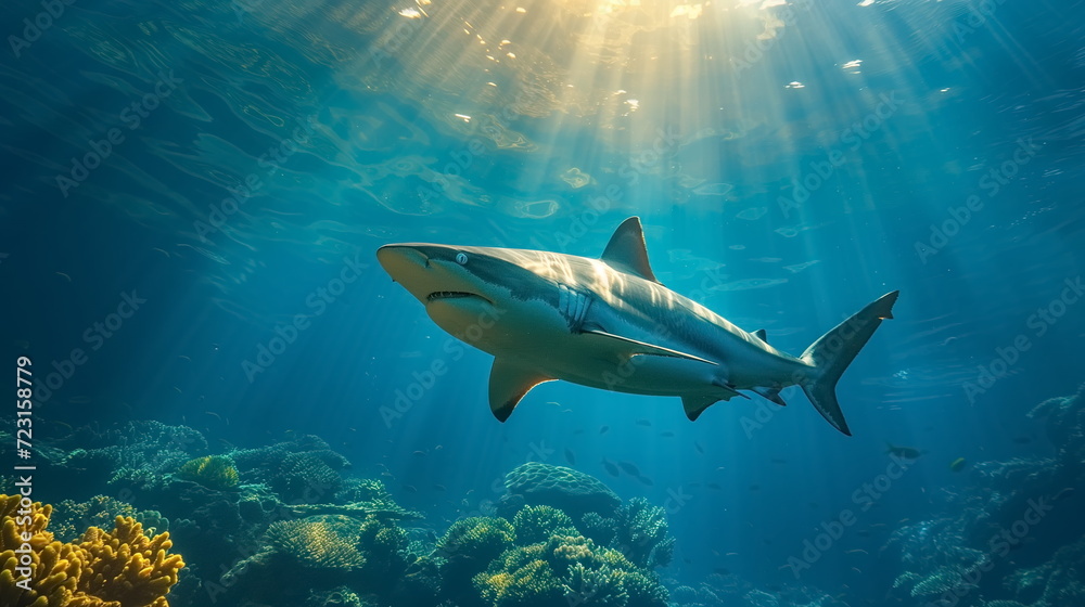 White shark open toothy dangerous mouth with many teeth.Clear water shark swims. Generated AI White shark open toothy dangerous mouth with many teeth.Clear water shark swims. Generated AI