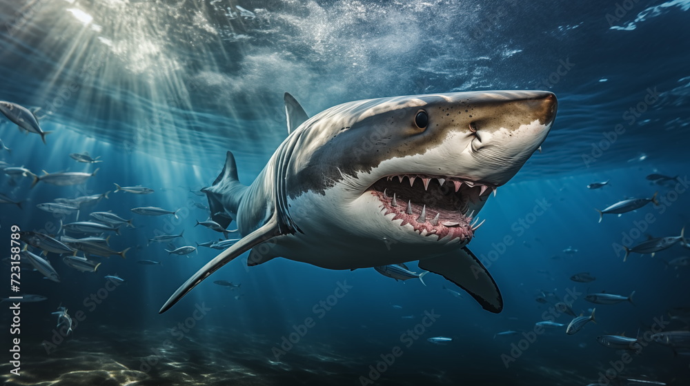 Fototapeta premium White shark open toothy dangerous mouth with many teeth.Clear water shark swims. Generated AI