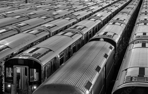 trains inside train yard (black and white photo) queens (mets willets point stop in corona flushing meadows queens) modern subway rail cars (7 line train car, commute, travel, commuter, metro)   photo