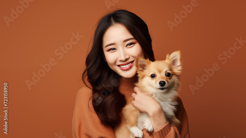 Beautiful japanese girl with a cute puppy looking at the camera on a plain background