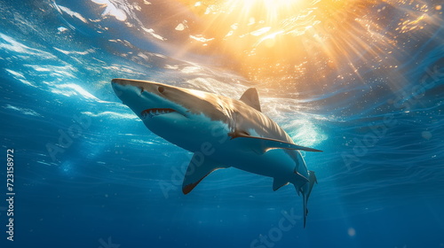 White shark open toothy dangerous mouth with many teeth.Clear water shark swims. Generated AI
