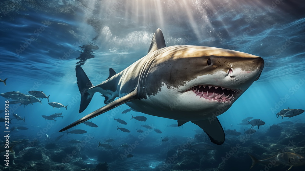 Fototapeta premium White shark open toothy dangerous mouth with many teeth.Clear water shark swims. Generated AI