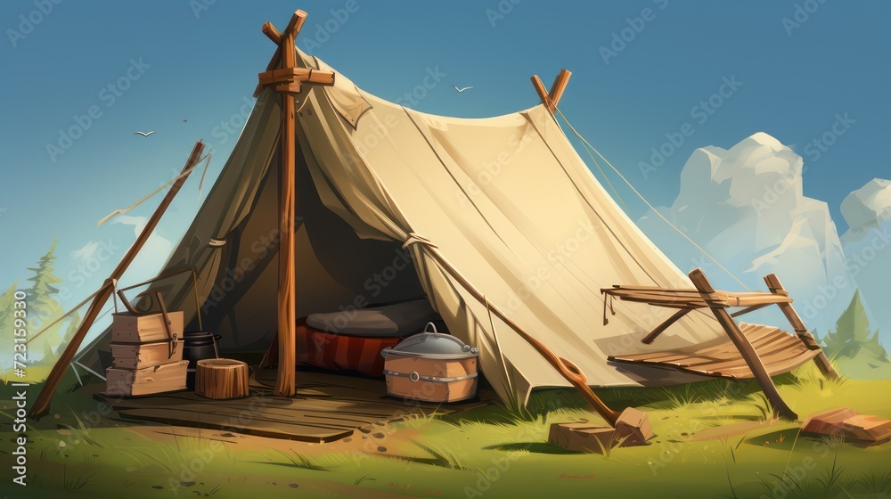 Illustration of a shabby old classic tent at a wildlife campground. Pine forest site background.