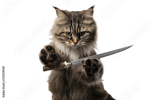 Cat Holding a Knife Isolated Transparent Background Cute Feline Adorable Pet Funny Dangerous Animal Photography