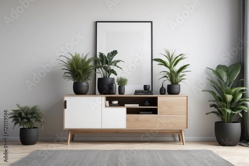 modern scandinavian home interior with design wooden commode, plants in black pots, gray sofa, books and personal accessories