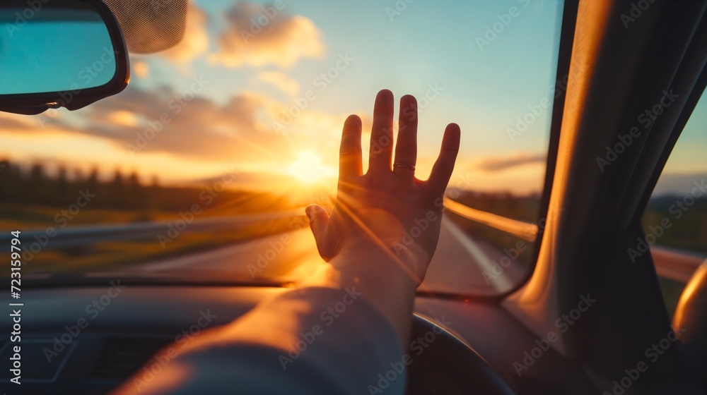 Stretched out female hand during the sunset, traveling by car vehicle, road trip. Woman going on a holiday with a vehicle, fun adventure and freedom trip, automobile ride, carefree passenger enjoying