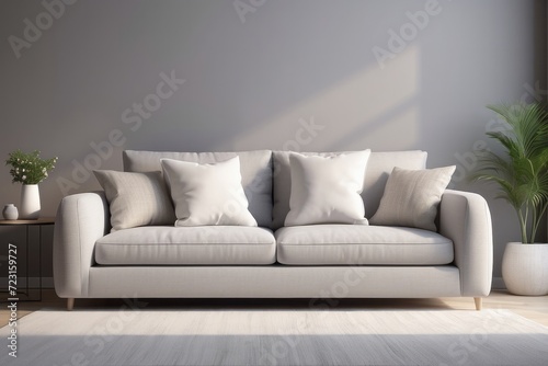 Pillows on comfortable sofa in bright living room interior photo