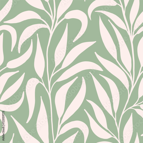 Canvas Print Cream white trailing foliage on sage green seamless vector pattern, great for te