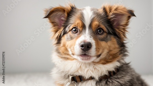 Rostro de cachorro pastor ovejero australiano, alerta, sobre fondo blanco photo