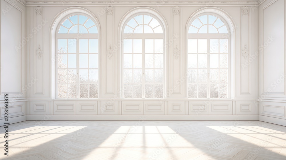 The view of the large windows in a classic European style house, white walls and bright white marble floors, provides a view of the outside.