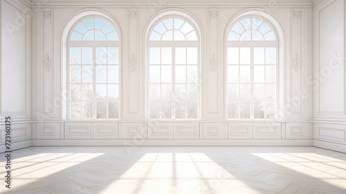 The view of the large windows in a classic European style house, white walls and bright white marble floors, provides a view of the outside.