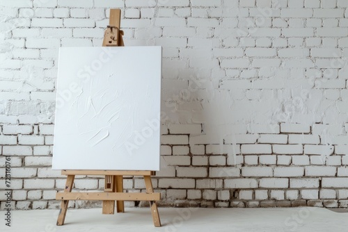 Blank canvas on wooden easel indoors ready for text