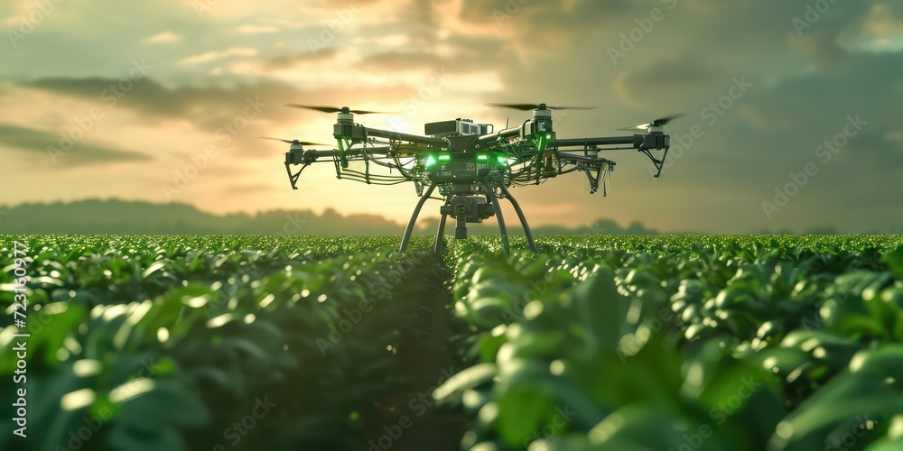 Future of agriculture, where artificial intelligence takes the lead. An artificial chip intelligence-powered CPU processor technology unit serves as the brain, orchestrating a fleet of drones.