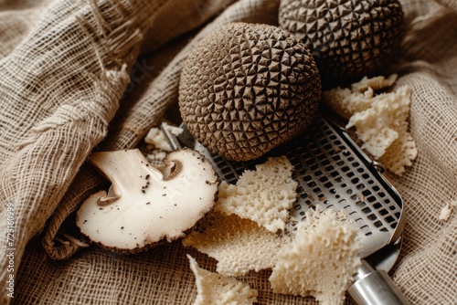 Close Up Expensive gourmet ingredient Fresh aromatic Truffle mushrooms on rustic fabric cloth background photo